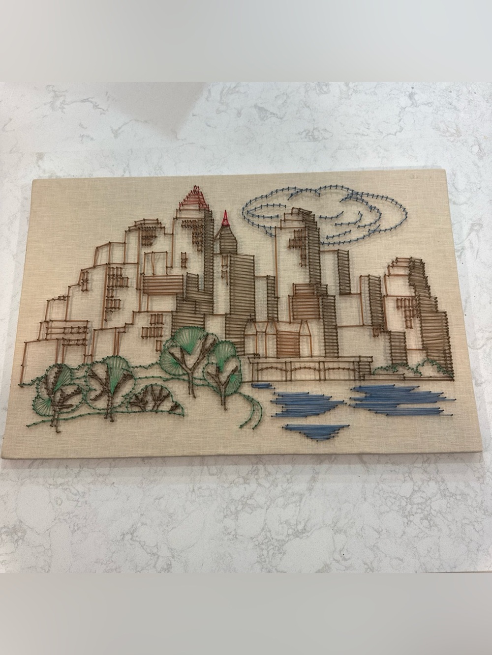 Handcrafted Neutral Cityscape String Art Wall Decor in Green and Blue vintage